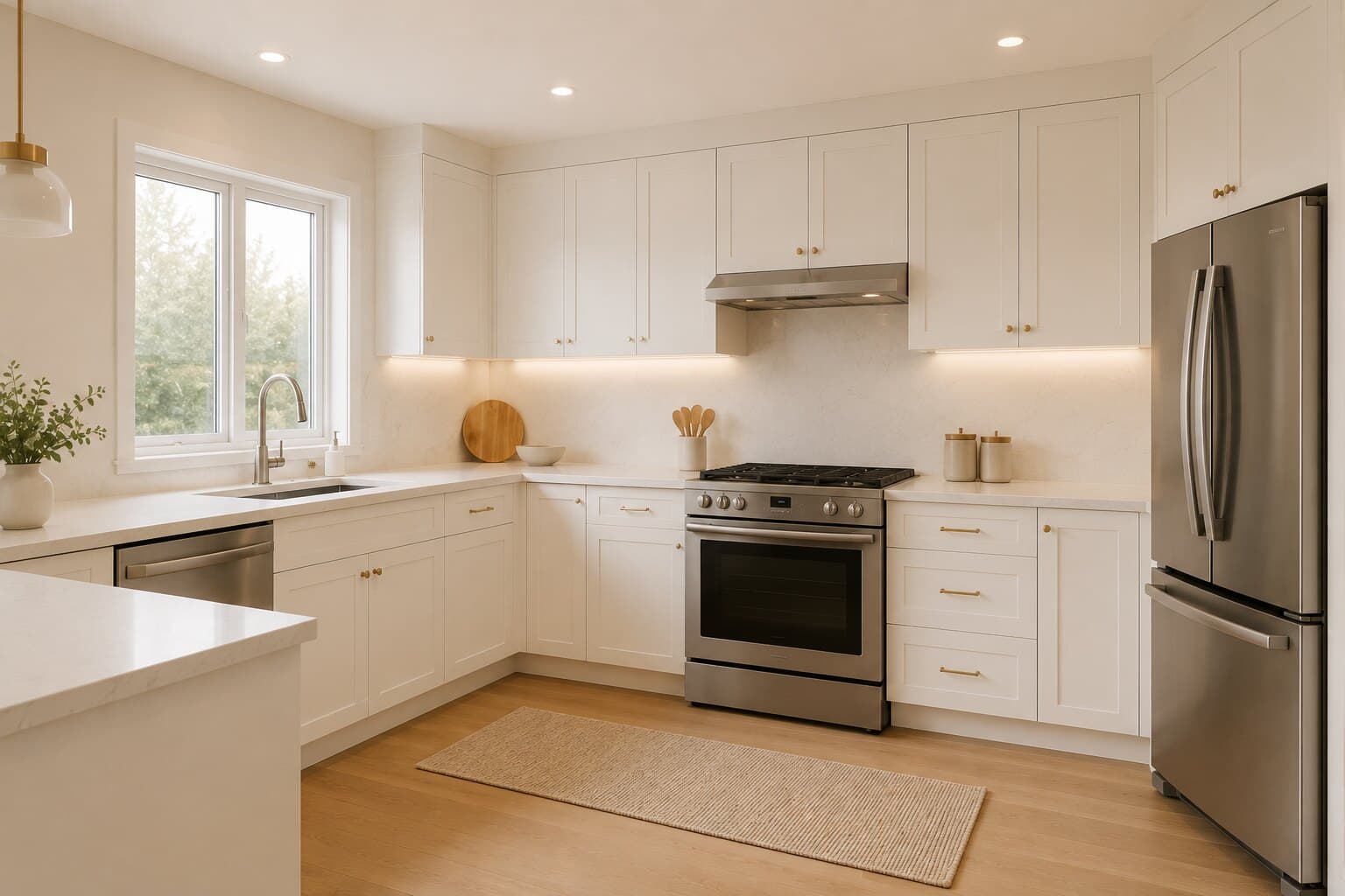 A white shaker kitchen with a stainless range and integrated dishwasher