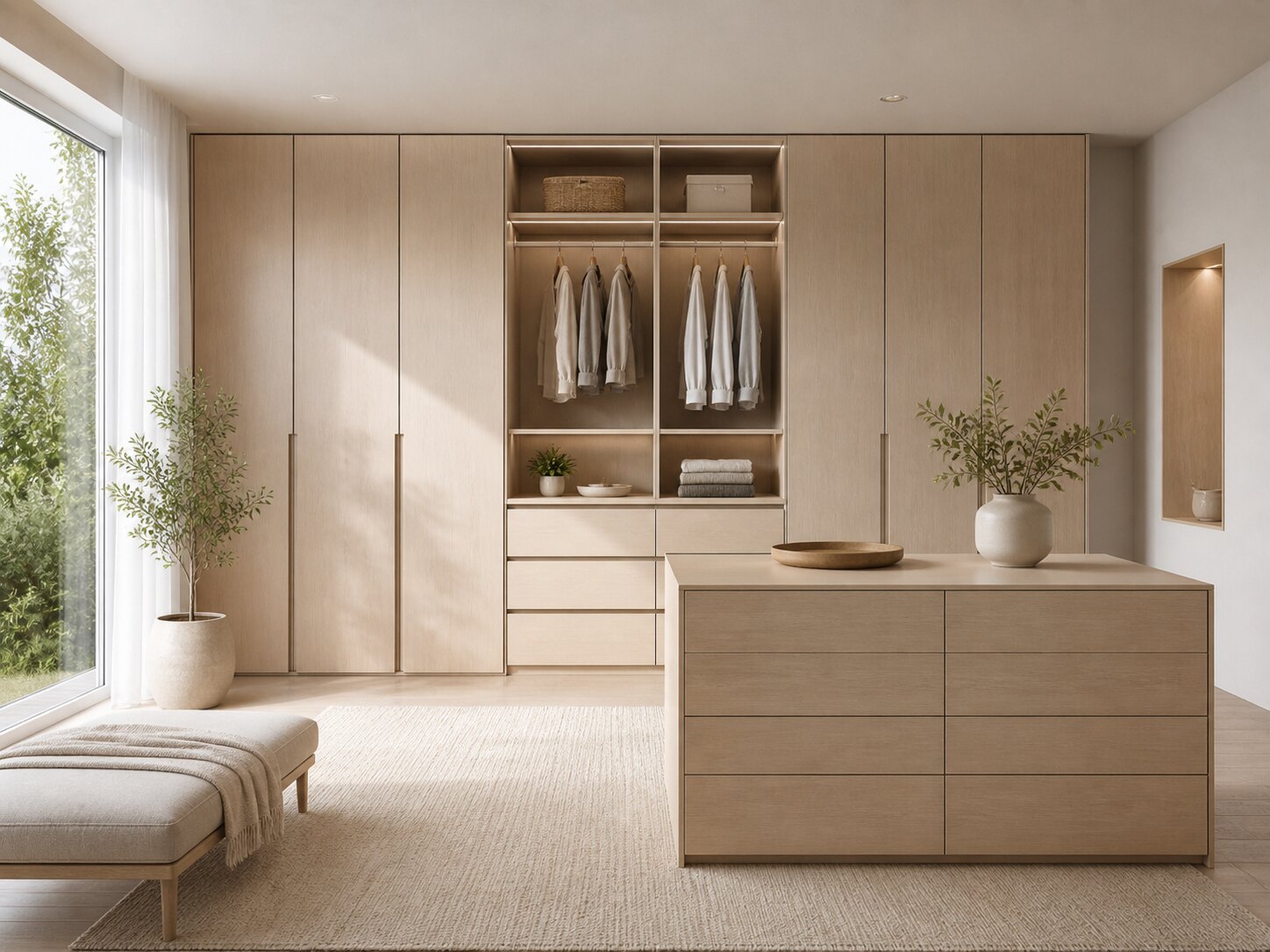 Open Cabintie shelving styled with linens, bowls, and a potted branch