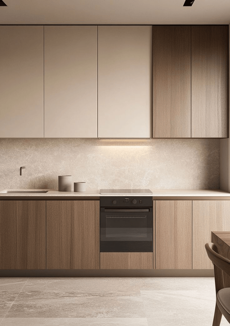 A kitchen with white perimeter cabinetry and a large walnut island under brass pendant lights